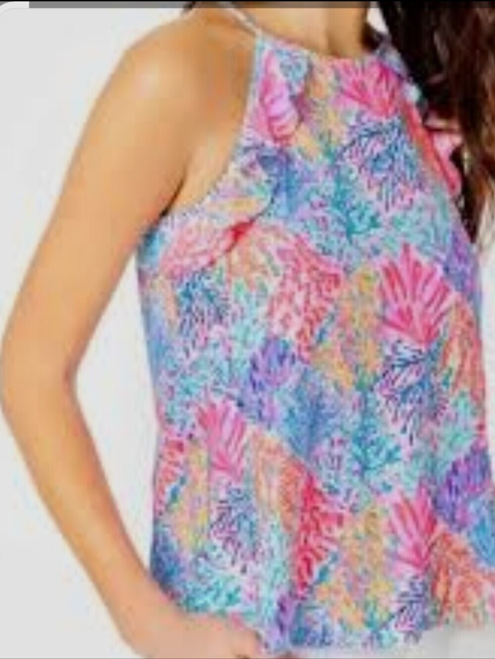 Lilly Pulitzer Pink Blue Multicolor Floral Tank with Ruffles XL, nwot